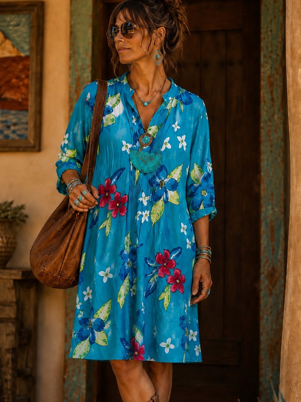 Saral Art of India 100% Cotton Turquoise Floral Tunic Dress